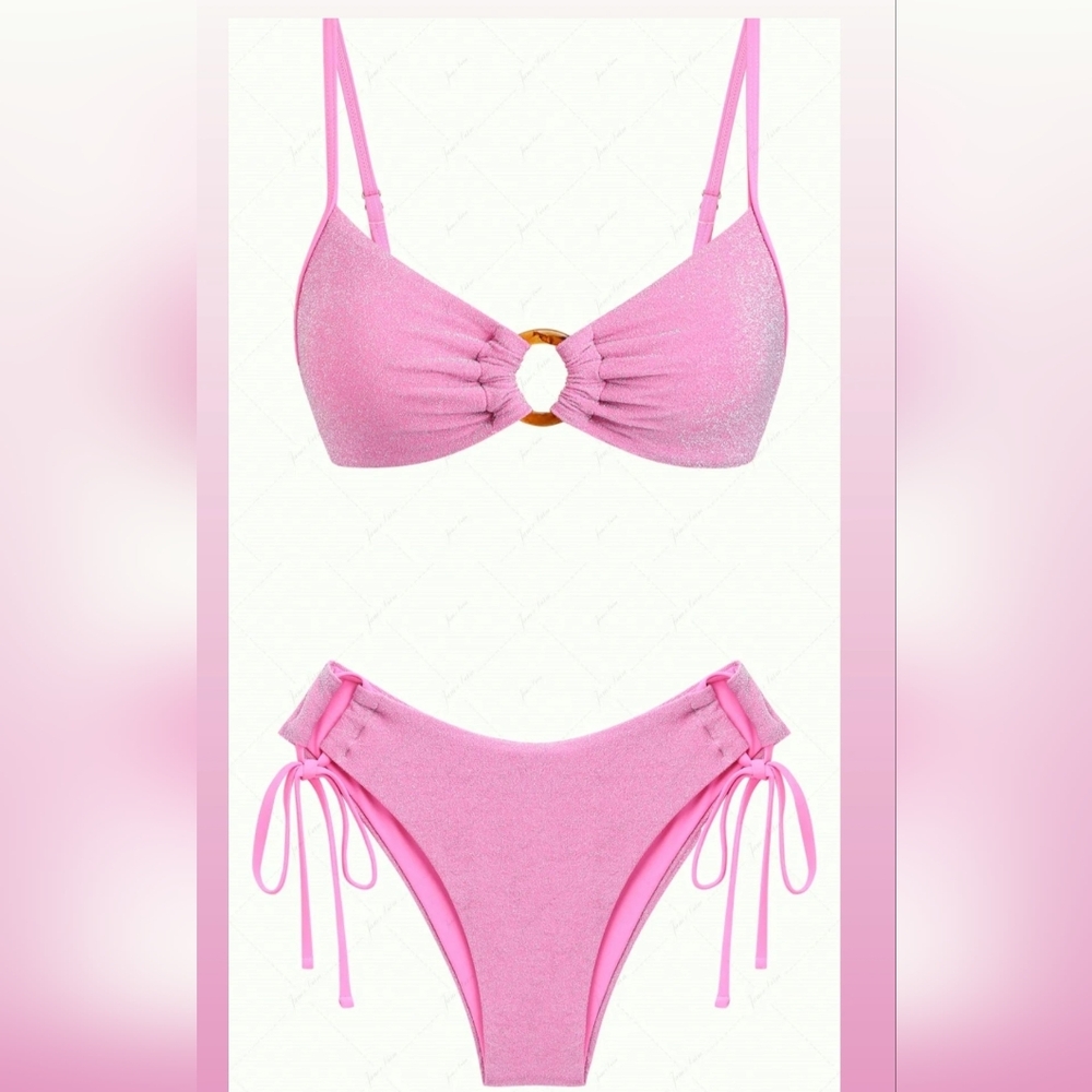 Shimmer Pink Ring-Accent Bikini Set - Women Swim